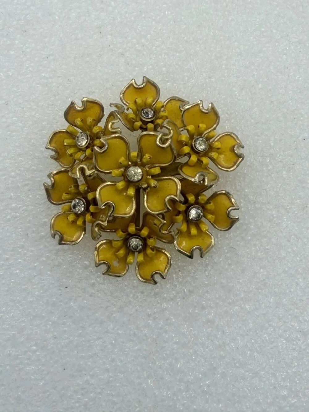 Vintage Yellow Floral Cluster Brooch Pin with Rhinestones